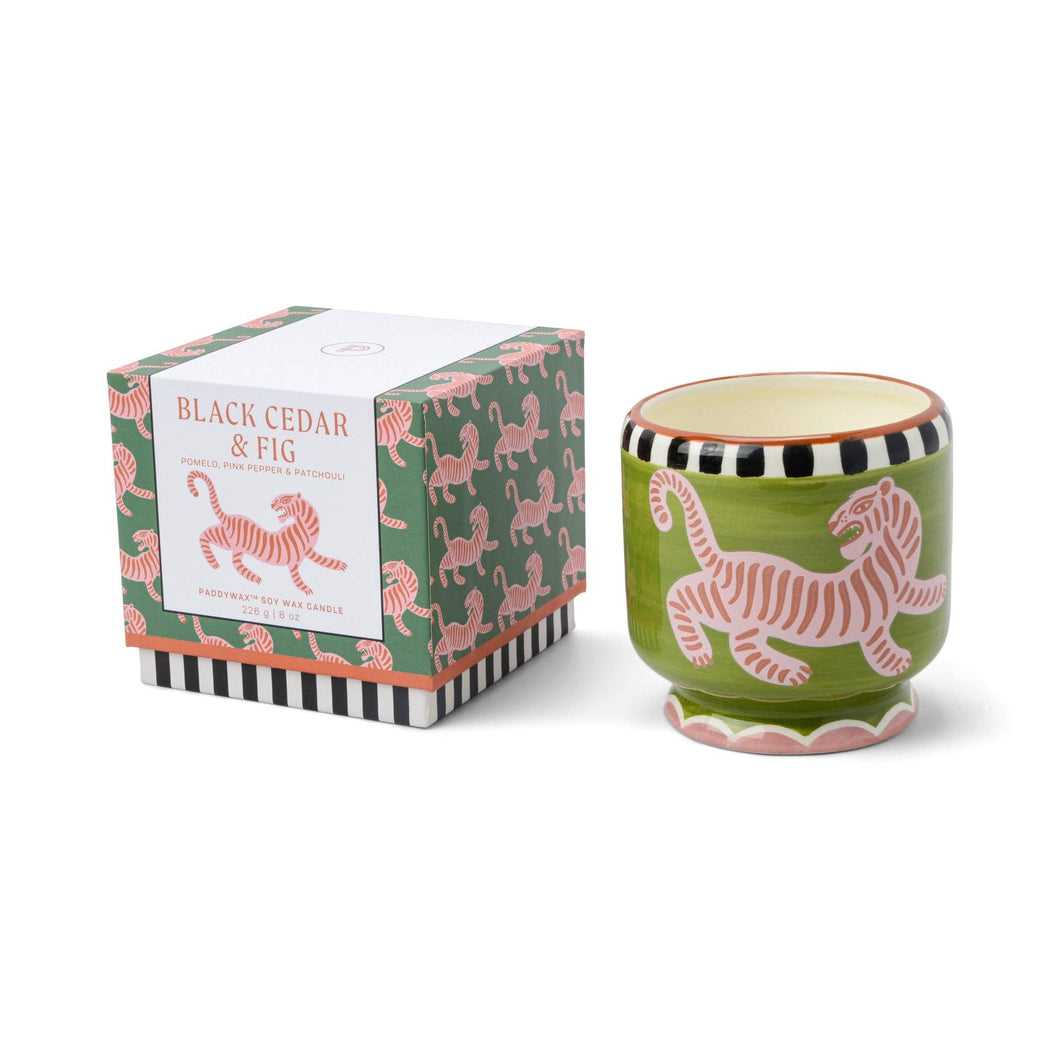 Boxed Tiger Ceramic Candle - Black Cedar & Fig