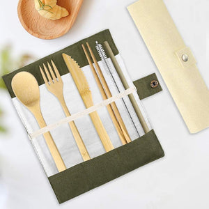 Bamboo Cutlery Set, Straw & Chopsticks in Cotton Storage - Olive