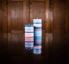 Load image into Gallery viewer, Striped Eco Pillar Candle - Old Rose, Indigo and Pompadour
