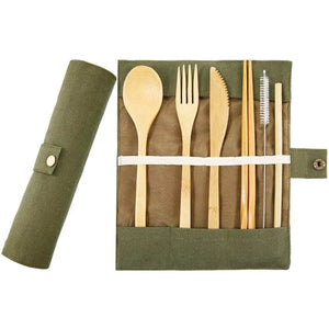 Bamboo Cutlery Set, Straw & Chopsticks in Cotton Storage - Olive