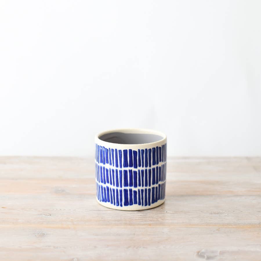 Blue Vertical Lined Stoneware Pot, 8cm