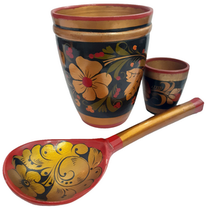 Vintage Russian Soviet Wooden Khokhloma Cup and Spoon Set