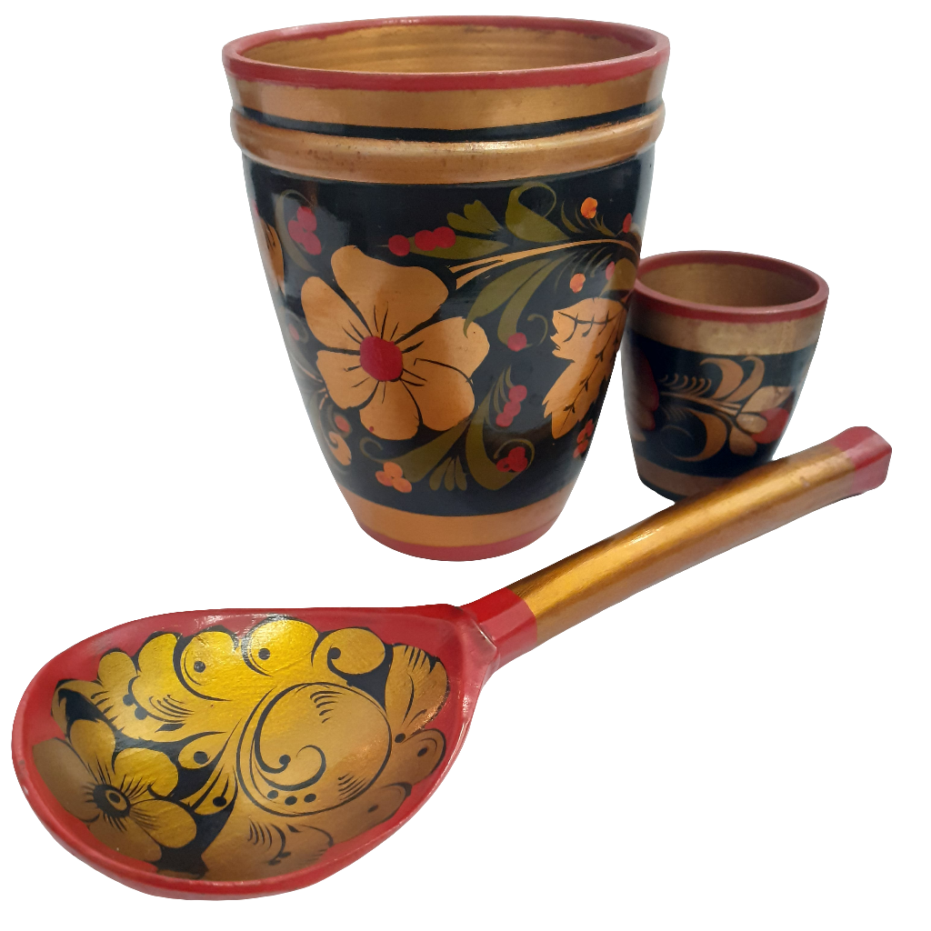 Vintage Russian Soviet Wooden Khokhloma Cup and Spoon Set