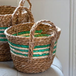 Natural Corn and Straw Baskets with green stripes