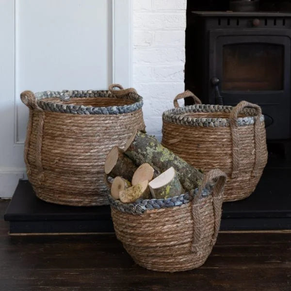 Straw Baskets with Grey Rim and Handles