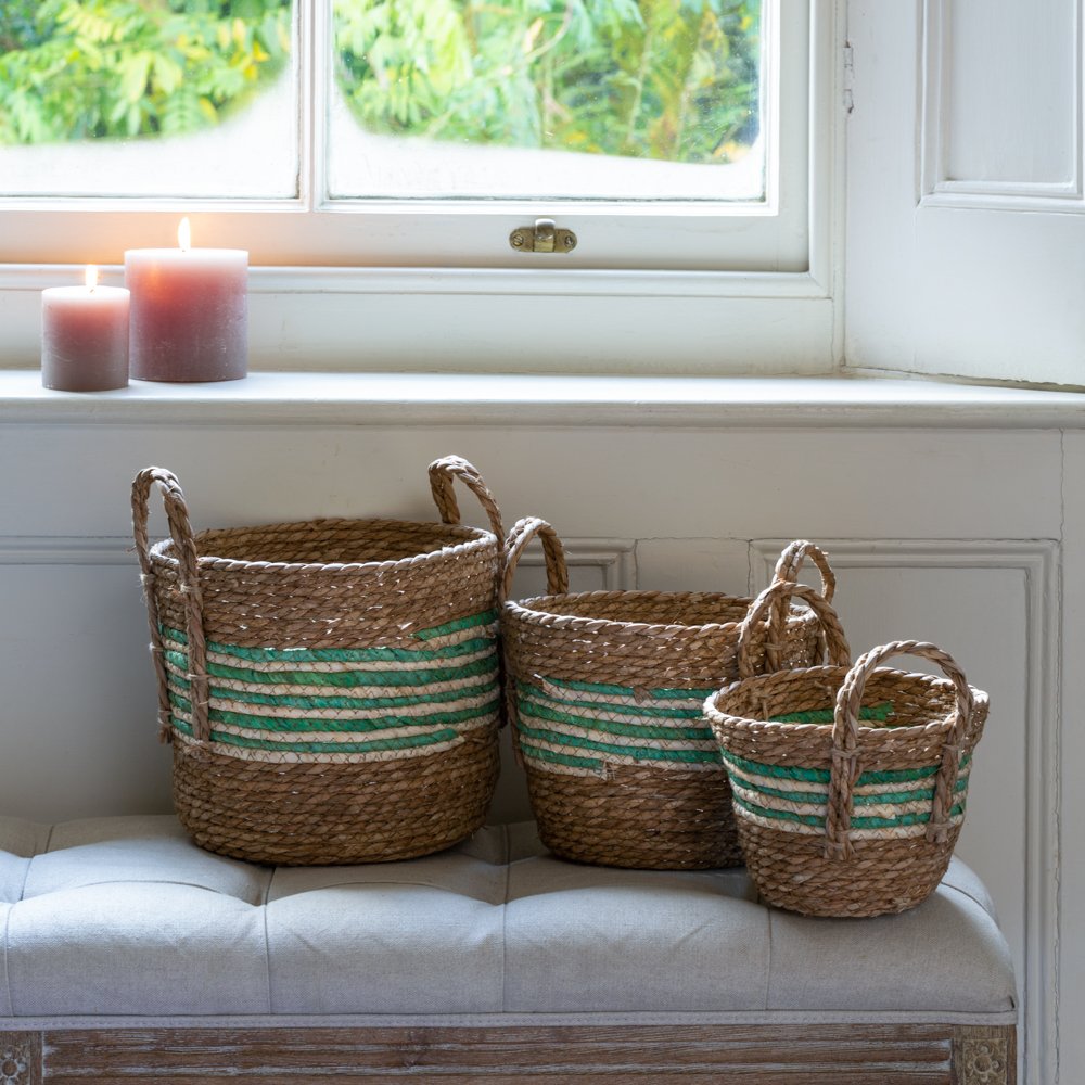 Natural Corn and Straw Baskets with green stripes