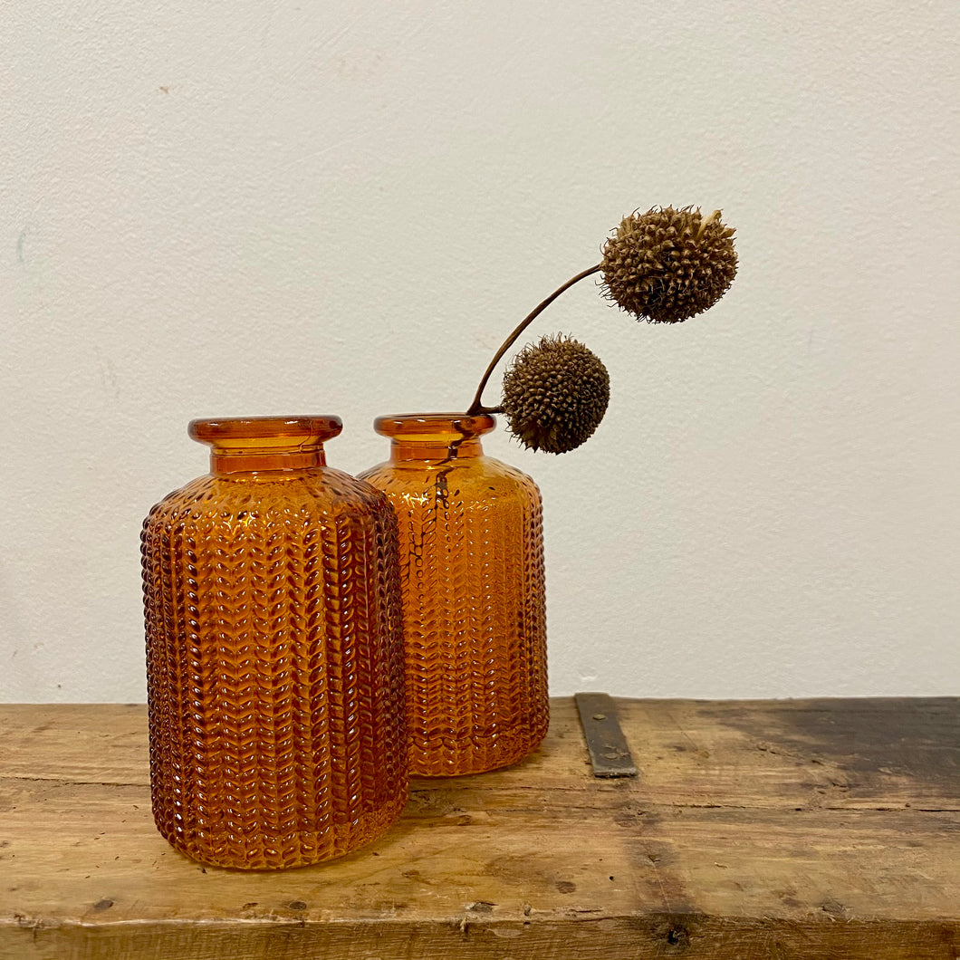 Mini Amber Glass Bottle Vase - Zig Zag