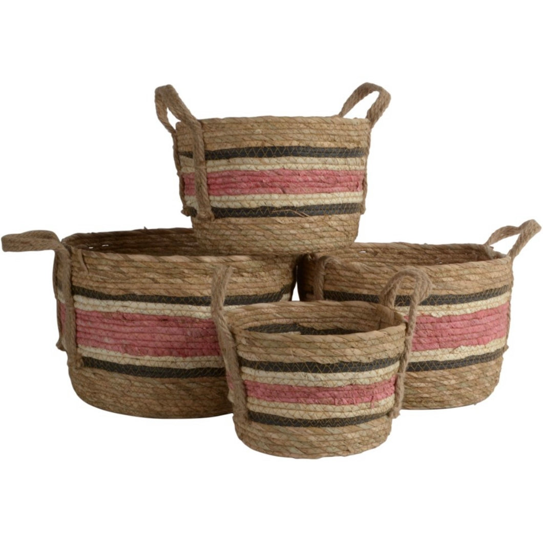 Natural Corn and Straw Baskets with pink stripe